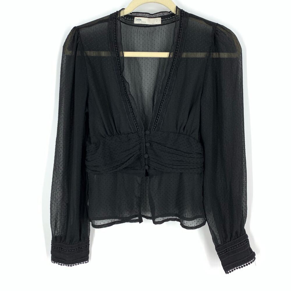 Zara Blouse Women XS Black Sheer Swiss Dot‎ Lace Trim V-Neck Long Sleeve - Picture 7 of 7